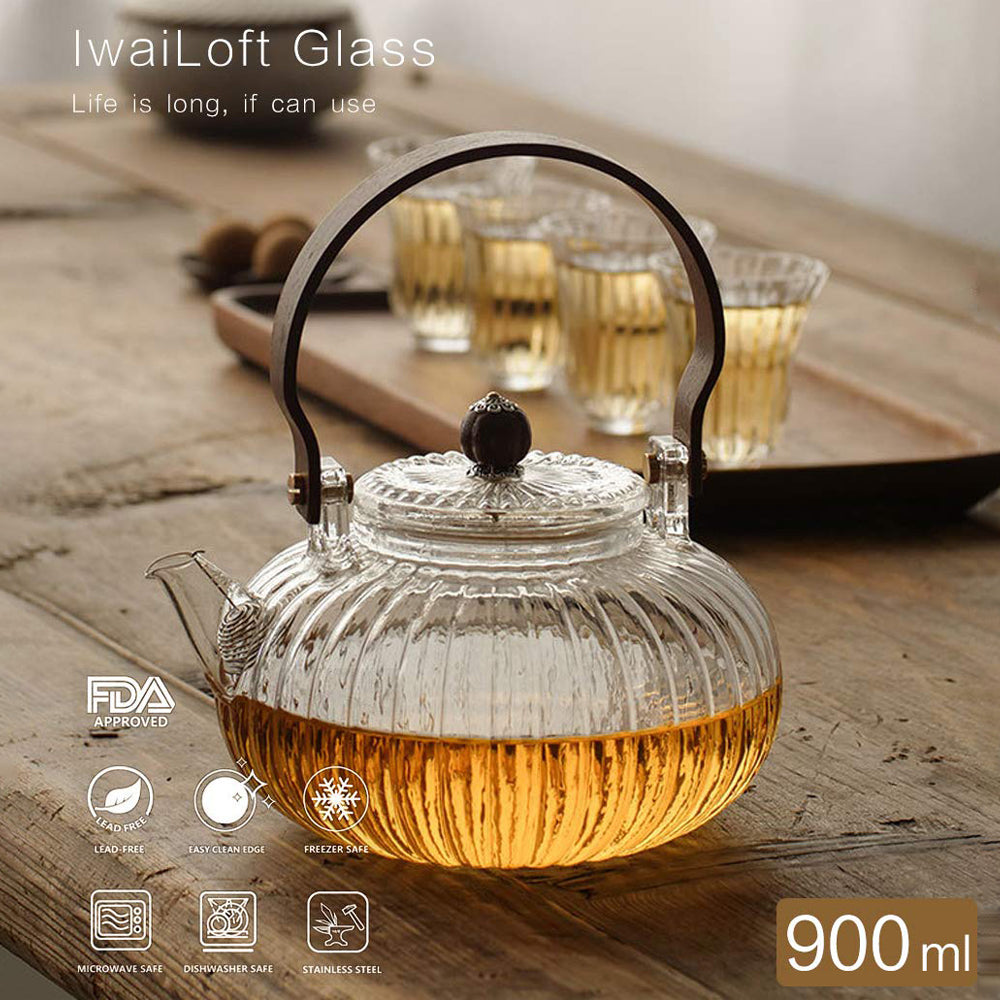 IwaiLoft 贅 耐熱ガラス ティーポット 900ml 茶こし付き クルミ持ち手 ガラス製ポット ガラス急須 ジャンピング 紅茶ポット