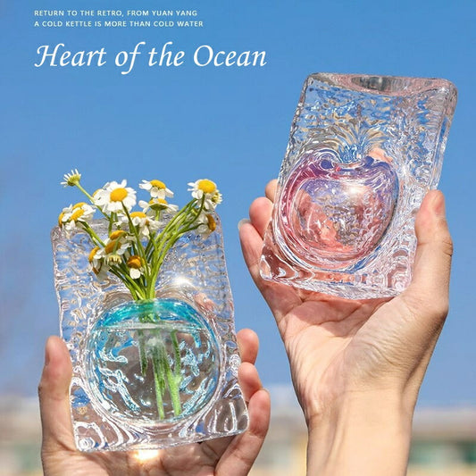 IwaiLoft Heart of the Ocean 手作り 花瓶 ガラス 一輪挿し フラワーベース 海の心 ミニ 小 インテリア おしゃれ 水栽培 ボトル