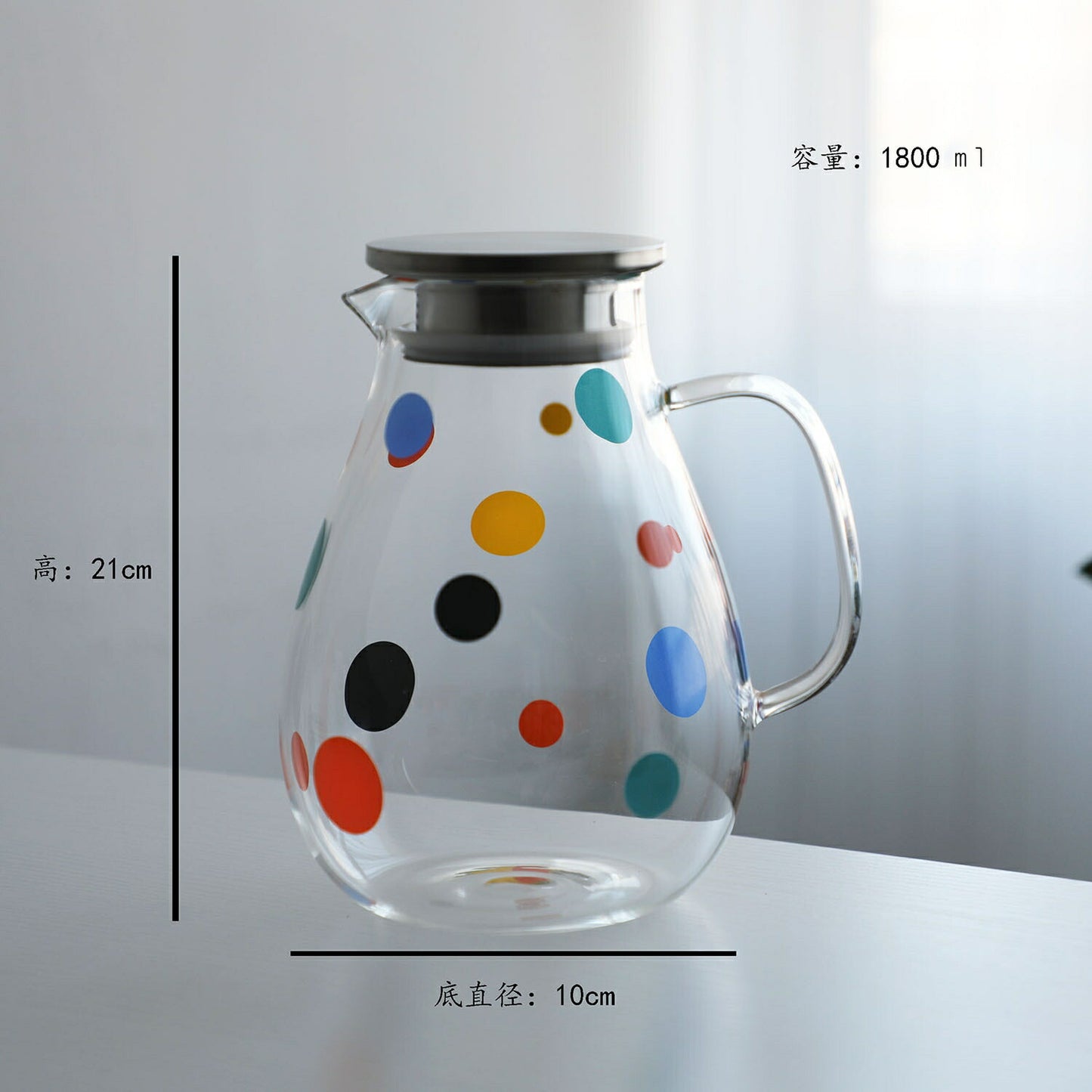 IwaiLoft  Oh-spots 水玉 ガラス ピッチャー 冷水筒  レーモン茶ポット 1800ml 耐熱ガラス 麦茶ポット 透明 カラフェ 直火 ガラスポット ステンレス蓋 ウォーターピッチャー ウォーターカラフェ 冷茶ポット アイスティージャグ ドリンクピッチャー ピクルスポット 食洗機対応