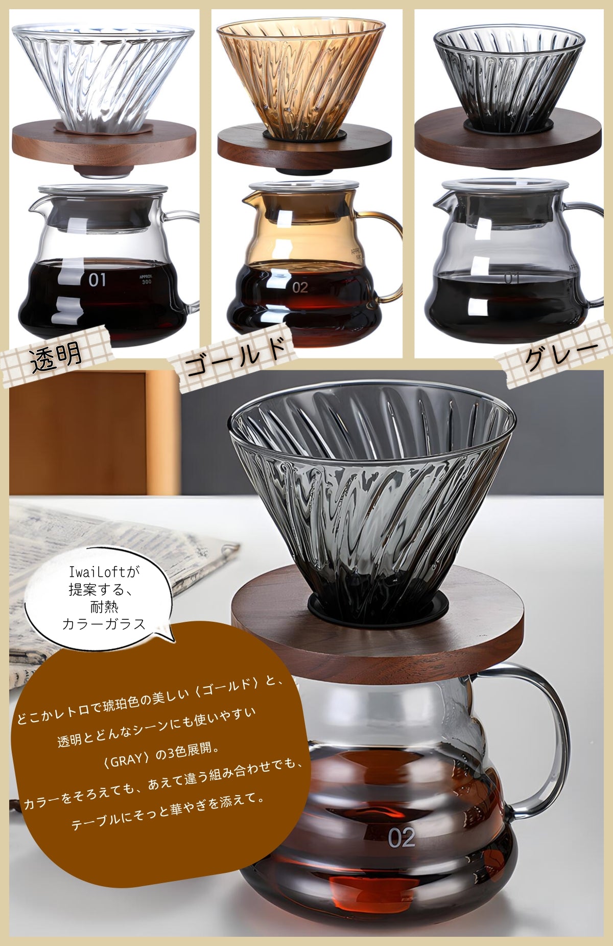 IwaiLoft コーヒーサーバー ガラスサーバー V60 ガラスドリッパー セット コーヒーポット コーヒードリッパー 耐熱ガラス 1~4cup 円錐型 ハンドドリッパー ドリッパーコーヒー コーヒー用品 珈琲 コーヒー器具 おしゃれ 北欧 プレゼント 珈琲ギフト