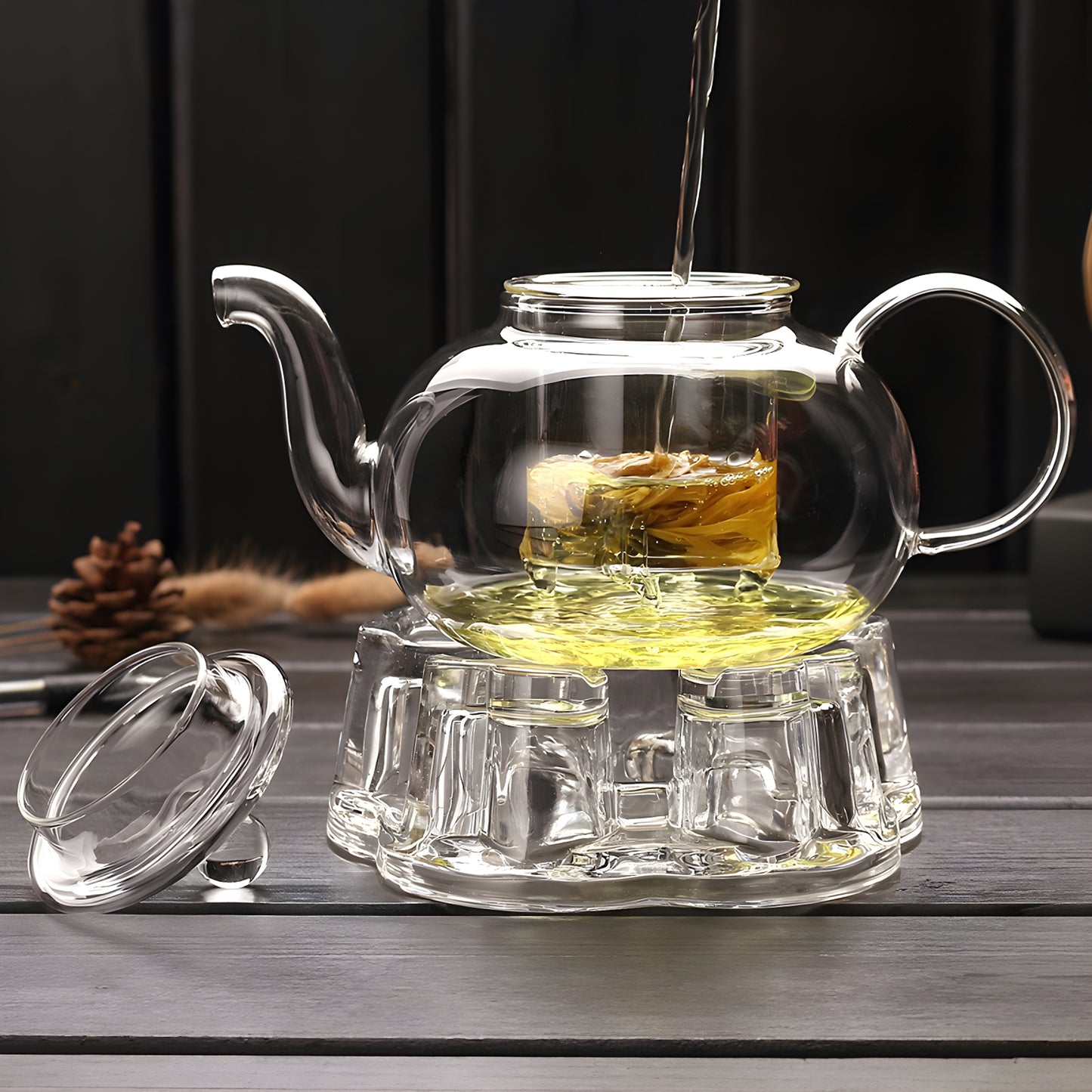 IwaiLoft Healing Heat Resistant Glass Teapot with Tea Strainer Glass Teapot Tea For Two Glass Pot Black Tea Fruit Tea Leaf Tea Flower Tea Craft Tea Half Tea Direct Fire IL-SET1925 (Round Teapot, 600mL) 