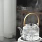 IwaiLoft Handmade Heat Resistant Glass Teapot with Tea Strainer Glass Pot Wooden Bamboo Handle Jumping Tea Pot Fruit Tea Leaf Tea Flower Tea Craft Tea Half Tea Direct Fireable Large Capacity IL-G1968 (Hiramitsu, 1100mL)