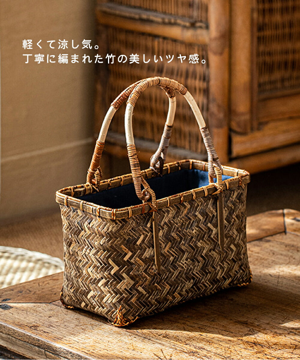 自然竹の編み上げ 小物入れ籠 職人手作り 竹編みバッグ-