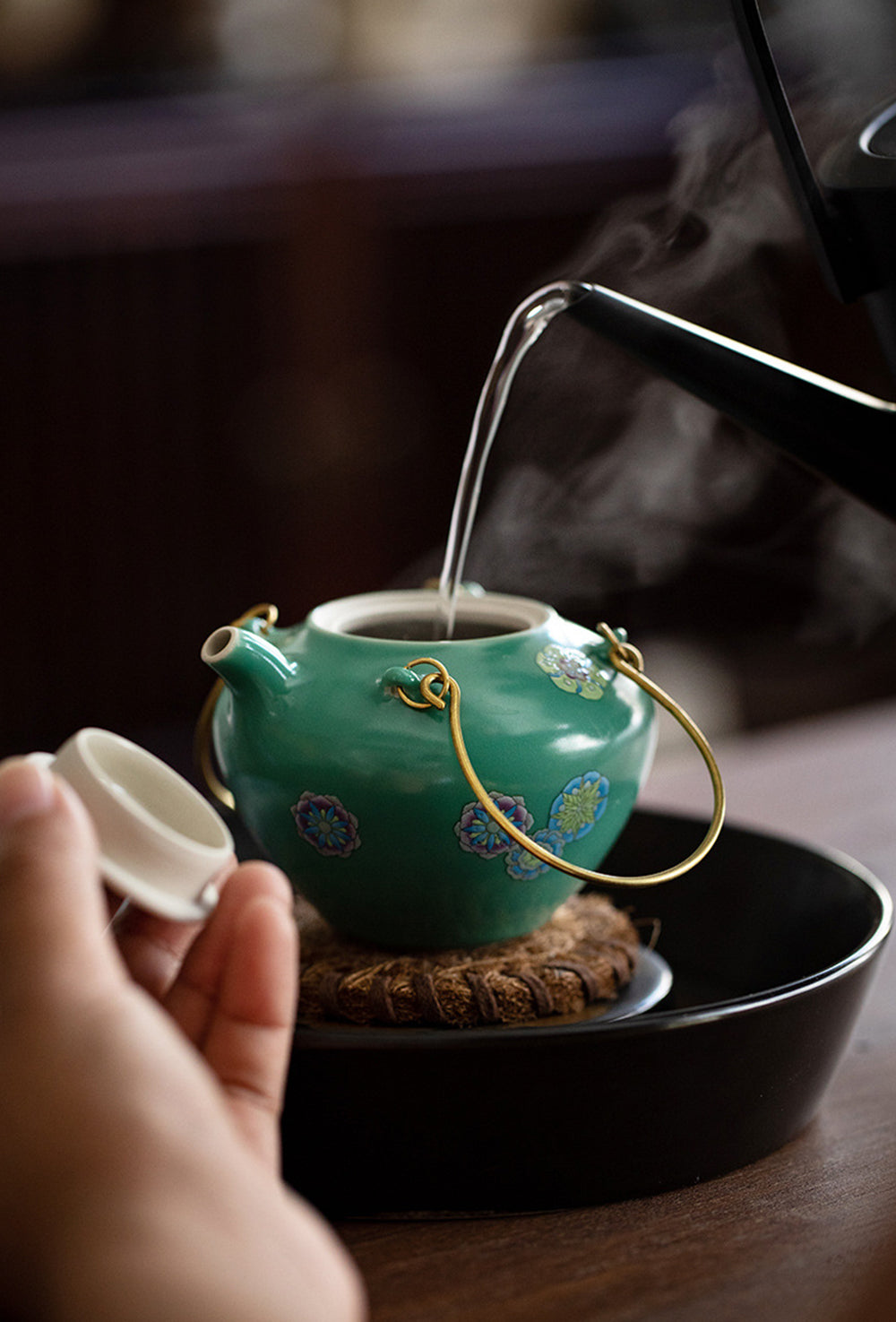 陶器 中国茶器 急須 湯こぼし 小さい茶碗 明月山水 茗飲