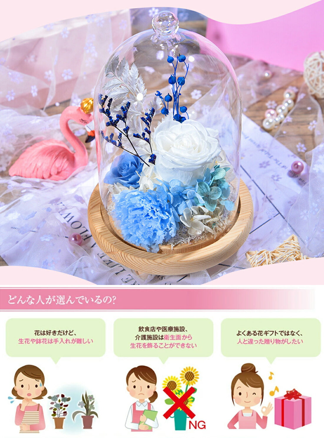 IwaiLoft プリザーブドフラワー ギフト ローズ×カーネーション プレゼント 枯れないお花のアレンジ 誕生日プレゼント・お祝い・発表会・贈り物に  ガラスドーム 母の日 彼女 妻 プレゼント 誕生日 結婚祝い フラワー インテリア 縁起物